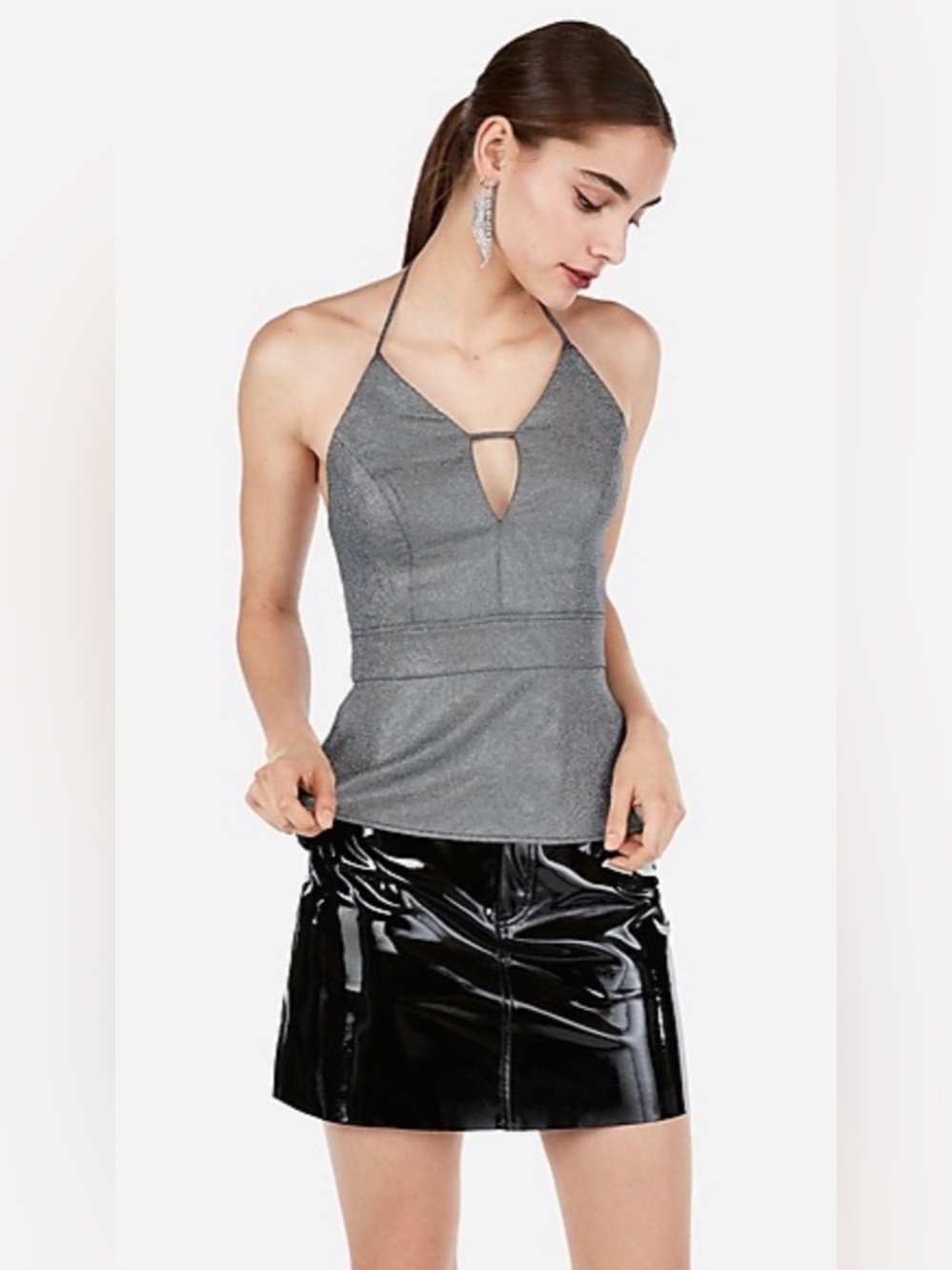 Express Metallic Plunge Neck Peplum Halter Top  ~ Size: 4